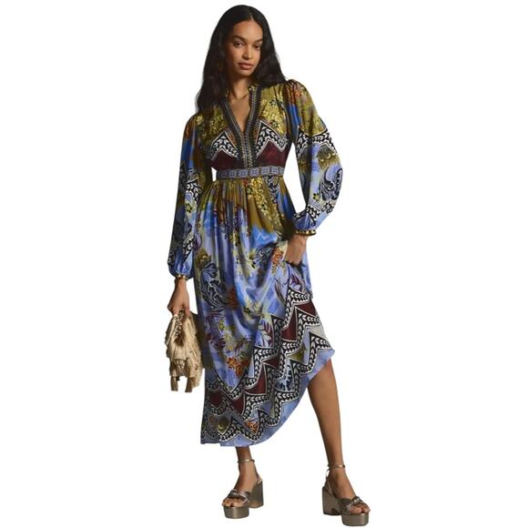 Anthropologie Bhanuni by Jyoti Patterned Beaded Midi Dress Size 2P - Picture 1 of 5